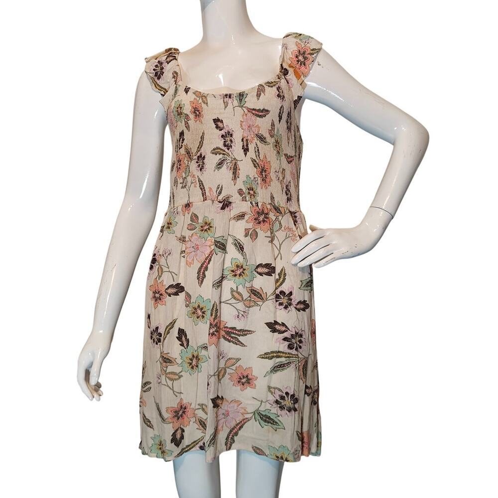 Hurley Floral Mini Dress Cream Boho Tie Back Ruffle Strap Lightweight
